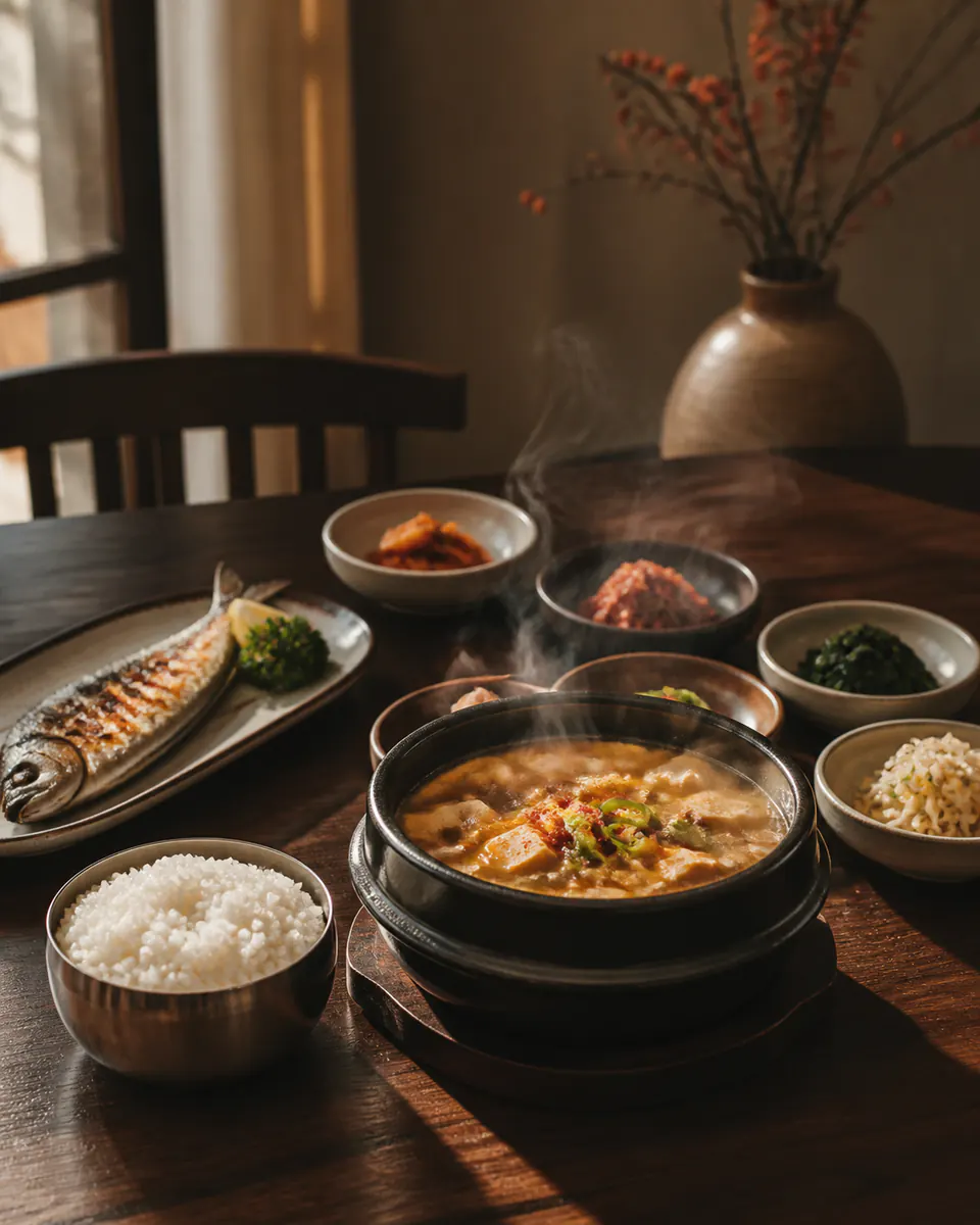 김이 오르는 한식 상차림